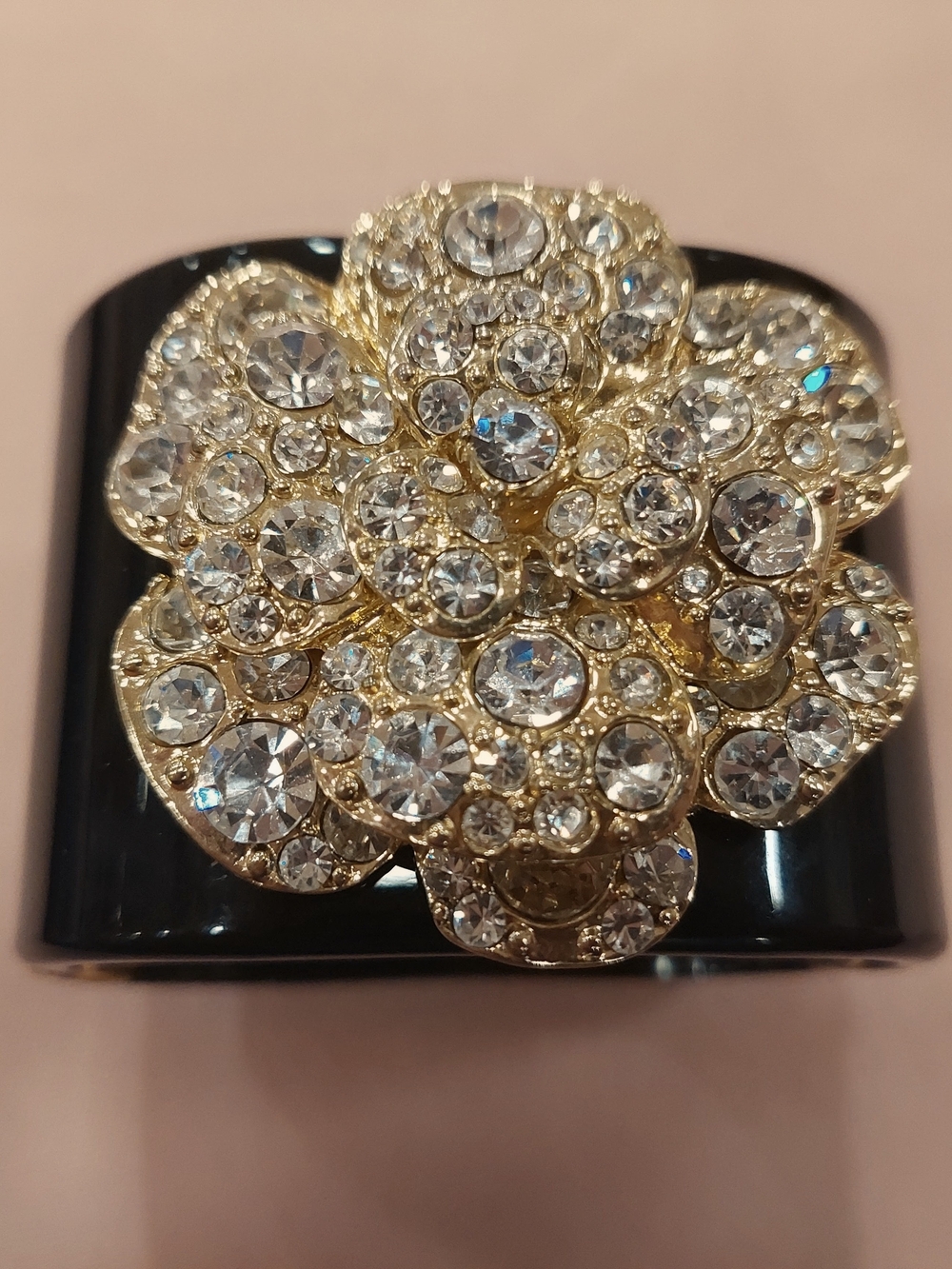 Crystal Floral Cuff Bracelet In Black Resin With Goldtone Decorations